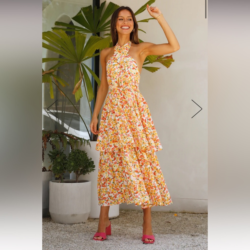 Hello Molly Cross Halter Orange Pattern Dress